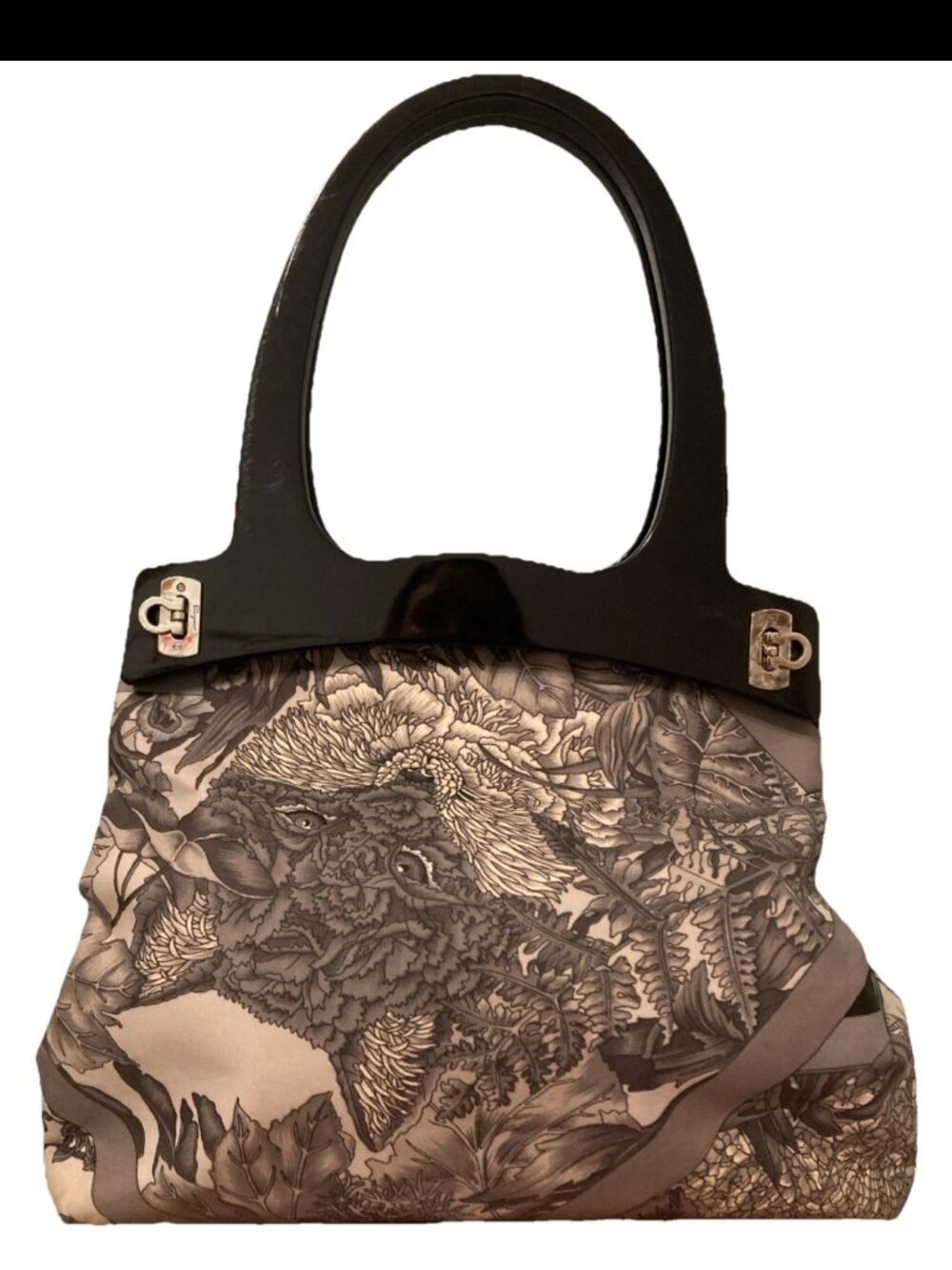 Rare Salvatore Ferragamo Safari Animal Print Nylon Canvas  Bag Purse Black Gray